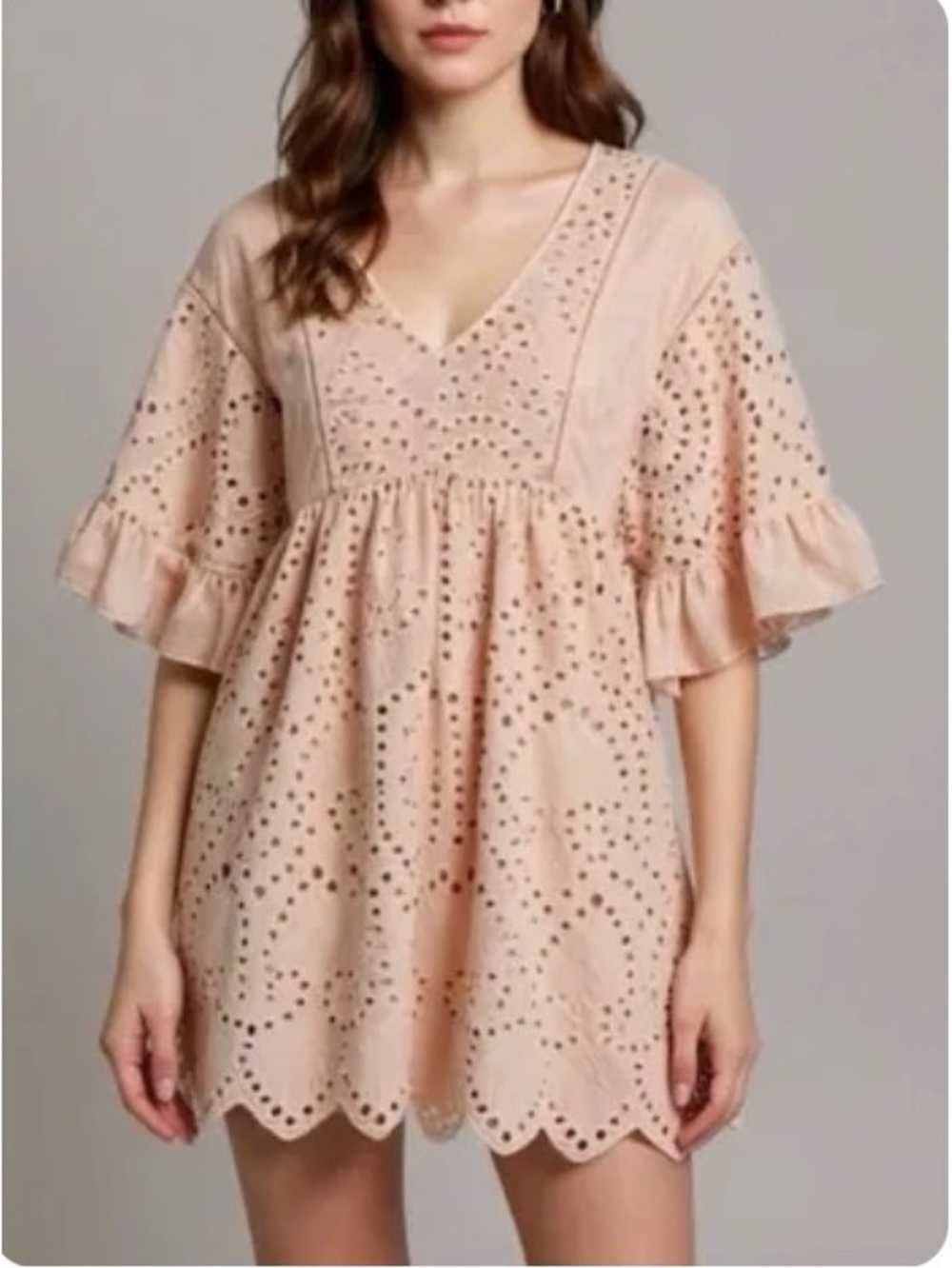 Akima + Kin Anthropologie Eyelet V-Neck Babydoll Mini Dress in Blush